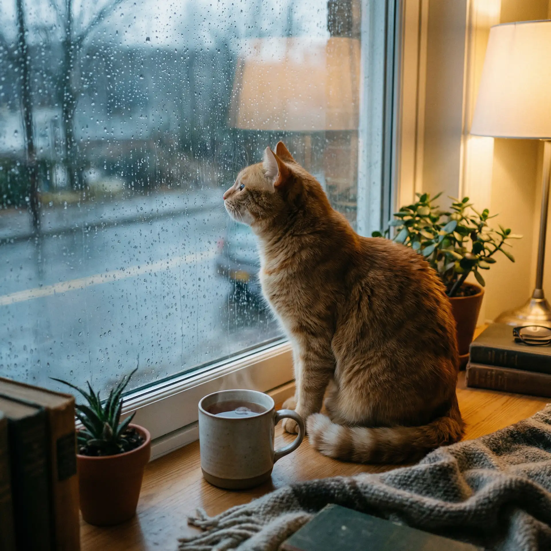 猫咪望着窗外的雨 - 乡巴佬雅克